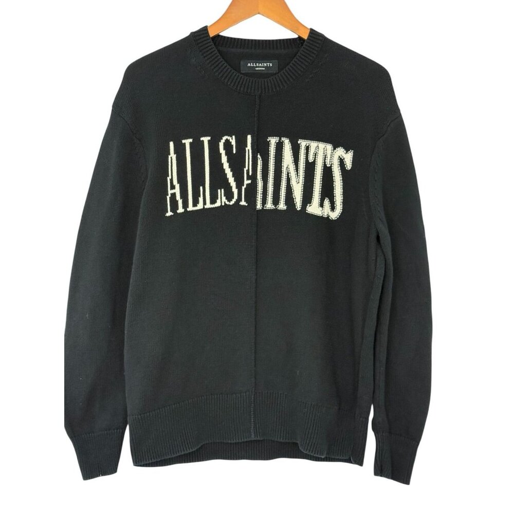 AllSaints Men's Axis Spliced Logo Sweater Black Crewneck Knit Pullover Size M